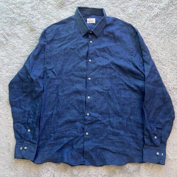JP Amalfi Boutique Men’s 100% Linen Button Down Shirt Ink Navy Blue Made Italy - Picture 1 of 7